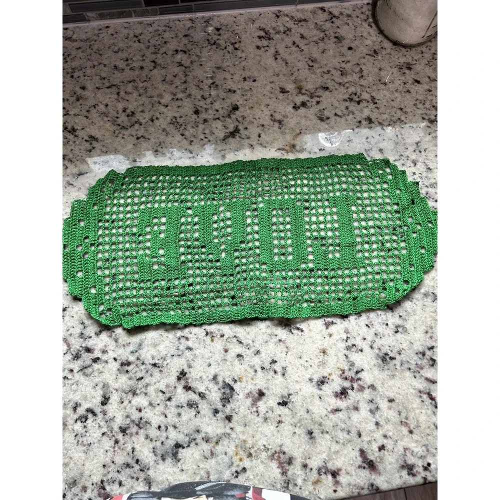 Handmade Vintage Green Filet Crochet Word Doily Love